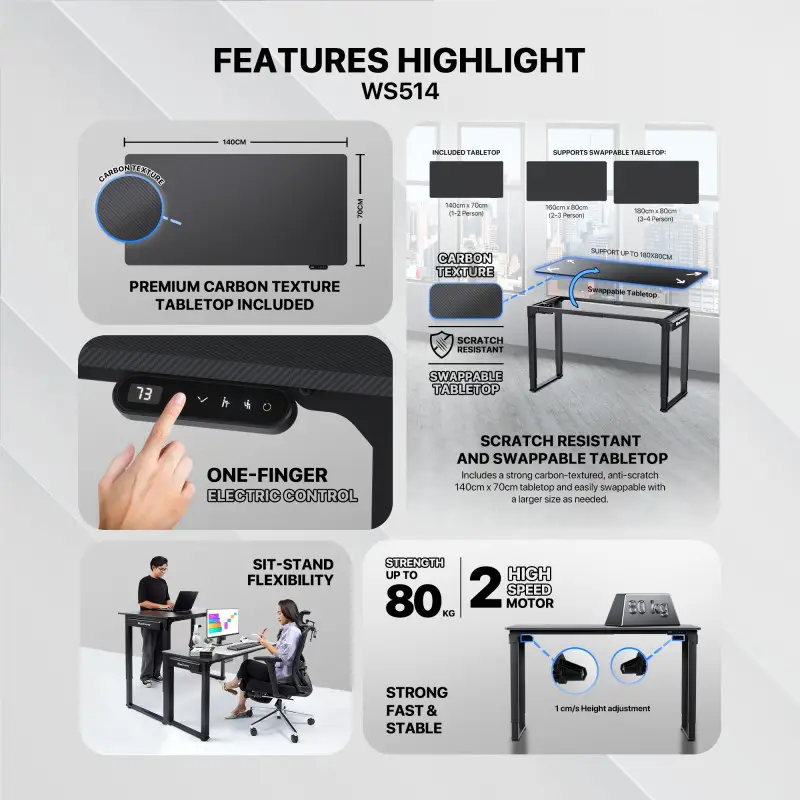 Fantech WS514 Work Station, Dual Electrical Motor, Adjustable Height Desk, Stable Design, load up to 80KG