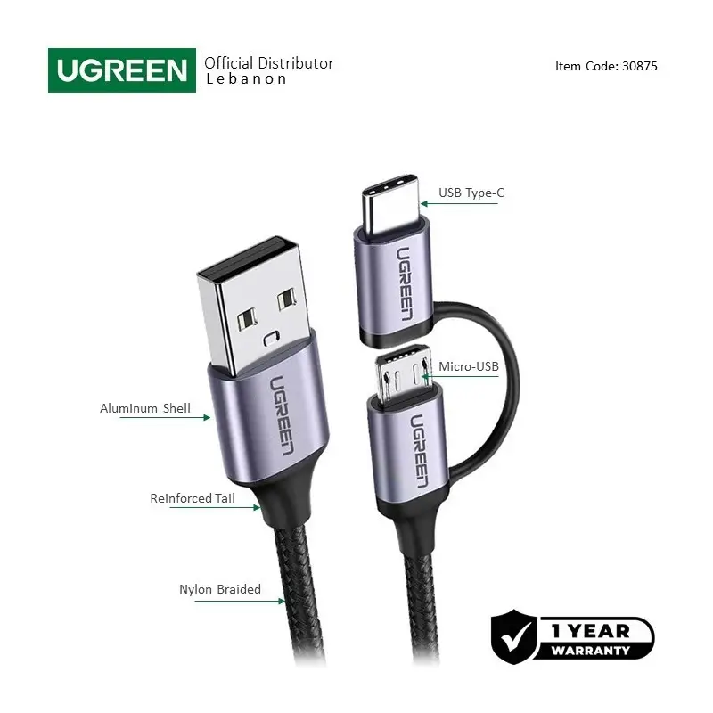 UGREEN 2 IN 1 USB-A to Micro-USB + USB-C Braided Cable, Fast Charge