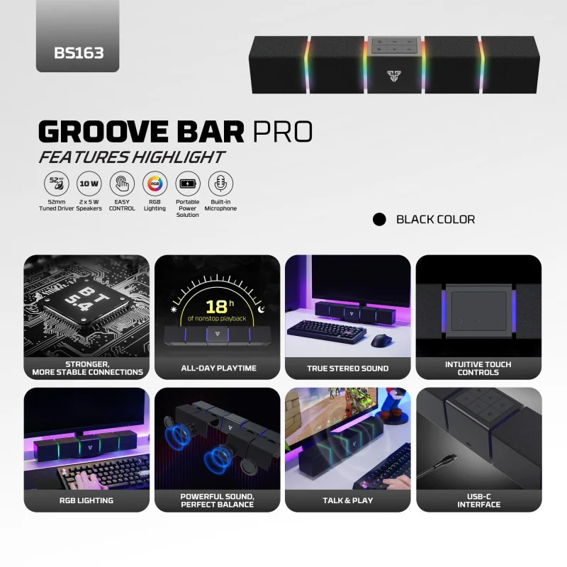 FANTECH BS163 GROOVE BAR PRO (Wired & Bluetooth) RGB Gaming Speaker, 10W + Built-in Microphone