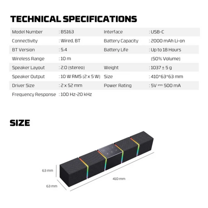 FANTECH BS163 GROOVE BAR PRO (Wired & Bluetooth) RGB Gaming Speaker, 10W + Built-in Microphone