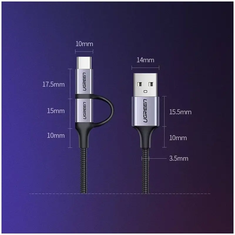 UGREEN 2 IN 1 USB-A to Micro-USB + USB-C Braided Cable, Fast Charge