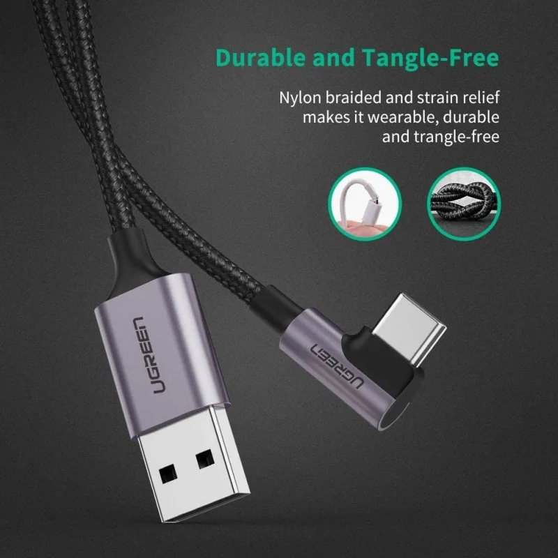 UGREEN USB-A to Angled USB-C Braided Cable, Fast Charge