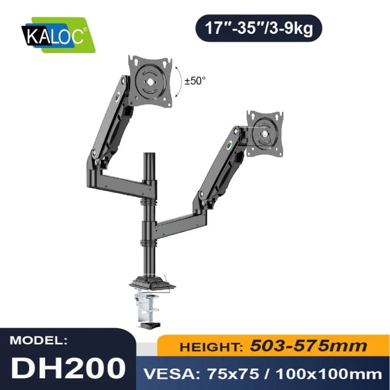 Kaloc DH200 Adjustable Dual Monitor Arm, Gas Spring Technology, Fits Screens 17 to 35 Inches