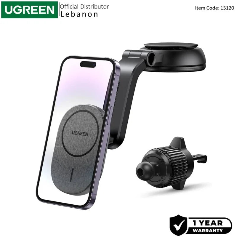 UGREEN 2-in-1 Magnetic Wireless Car Charger – 15W Fast Charging, Dashboard & Air Vent Mount