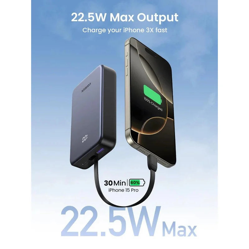 UGREEN 20000mAh 22.5W Fast Charge Power Bank — Built‑in USB‑C Cable & Digital Display