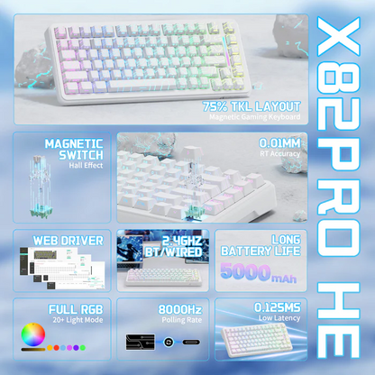 Attack Shark X82PRO HE Three-mode Magnetic Axis Gaming Keyboard White Wireless