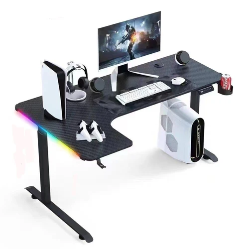 L-Shaped 160cm RGB Gaming Desk – Electrically Adjustable Height | Carbon-Style Surface, Cup Holder & Headset Hook | Black