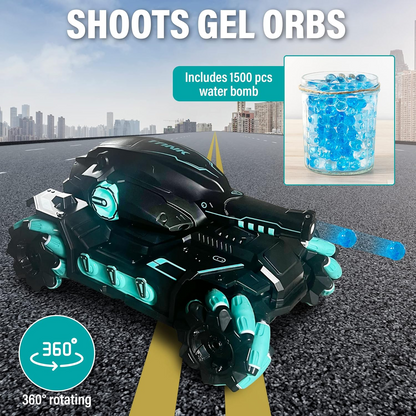 Remote Control Tank Car for Boys and Girls with 360° Water Bomb Marbles Shooting Cannon, High Speed All-Terrain Off-Road 4WD, and Stunt Functions