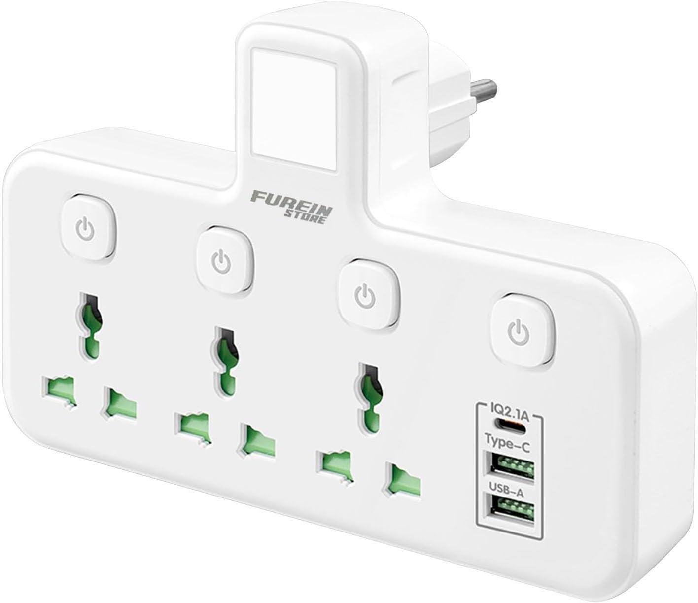 USB C Universal Multiple Socket with Independent Switch, Multiple Power Strip with 2 USB-A and 1 Type-C Ports, LED Lighting and Light Switch