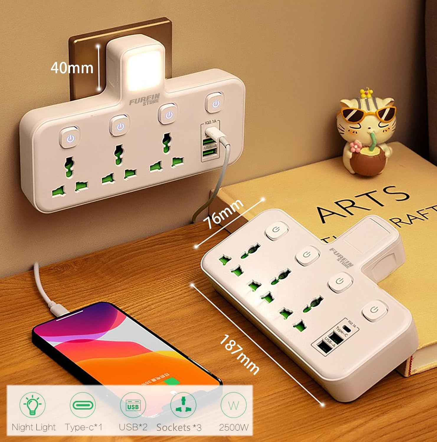 USB C Universal Multiple Socket with Independent Switch, Multiple Power Strip with 2 USB-A and 1 Type-C Ports, LED Lighting and Light Switch
