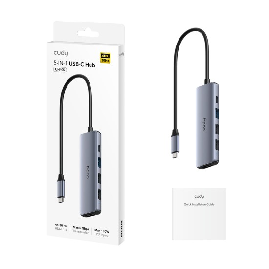 Cudy UH405 5-in-1 USB-C Multiport Adapter - 100W PD, 4K HDMI, 3 USB-A Data Ports