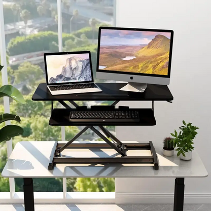 Adjustable Gas Spring Sit-Stand Desk Riser – Ergonomic Height-Adjustable Workstation with Keyboard Tray and Large Surface