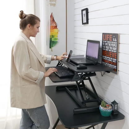 Adjustable Gas Spring Sit-Stand Desk Riser – Ergonomic Height-Adjustable Workstation with Keyboard Tray and Large Surface