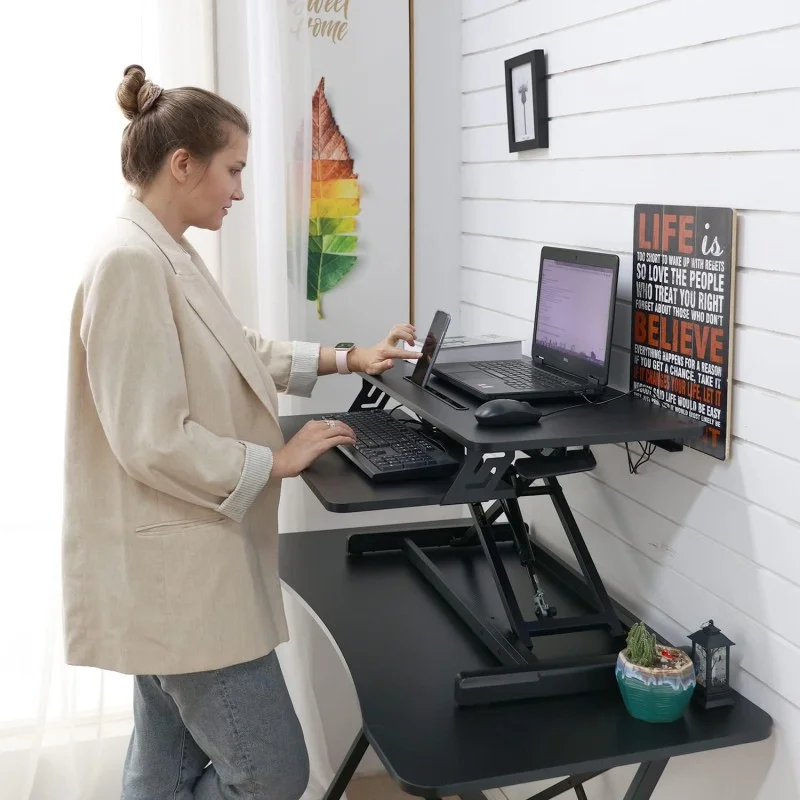 Adjustable Gas Spring Sit-Stand Desk Riser – Ergonomic Height-Adjustable Workstation with Keyboard Tray and Large Surface