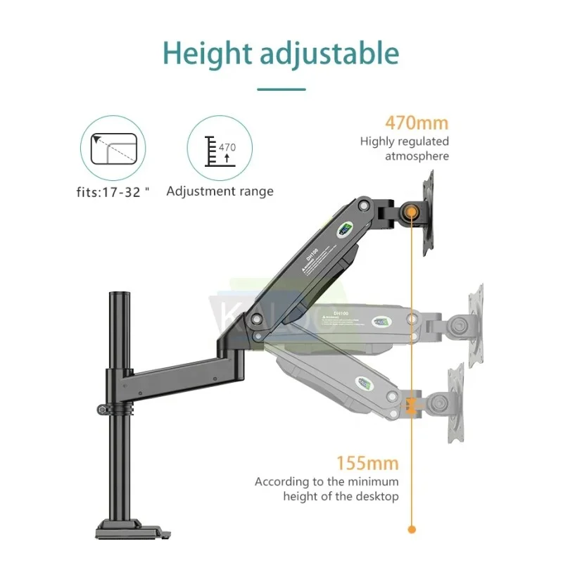 KALOC DH100B Single Monitor Arm with Internal Gas Spring technology for Easy Adjustment, for Screens 17 to 33 Inches