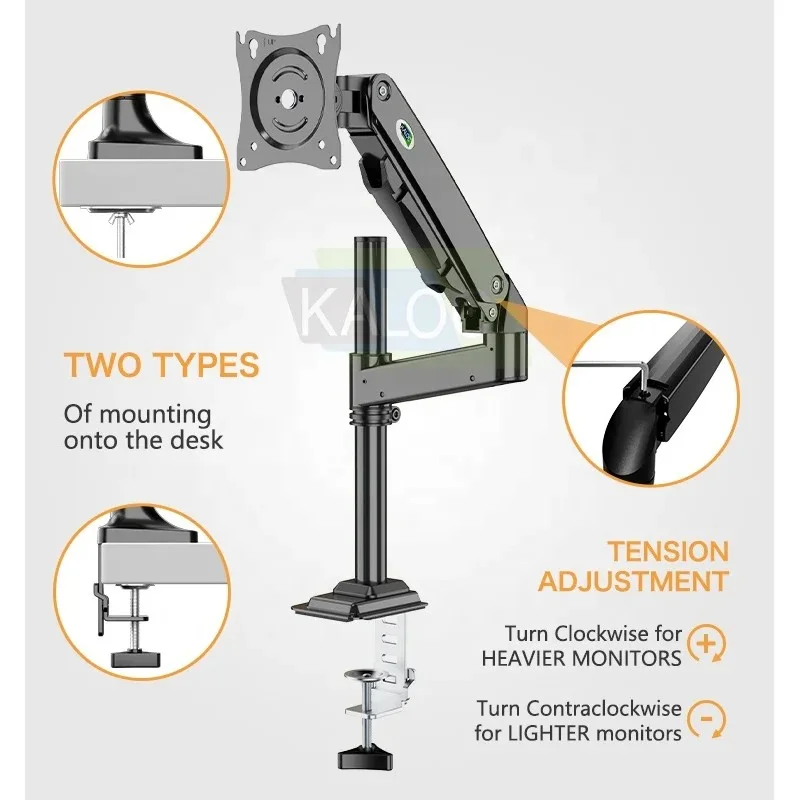KALOC DH100B Single Monitor Arm with Internal Gas Spring technology for Easy Adjustment, for Screens 17 to 33 Inches
