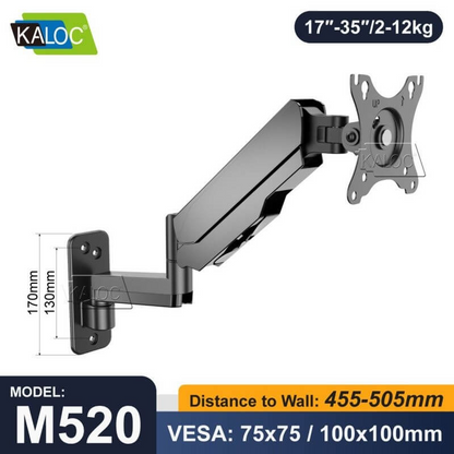 KALOC M520 Wall Mount Adjustable Single Monitor Arm with Internal Gas Spring technology for Easy Adjustment, for Screens 17 to 35Inches