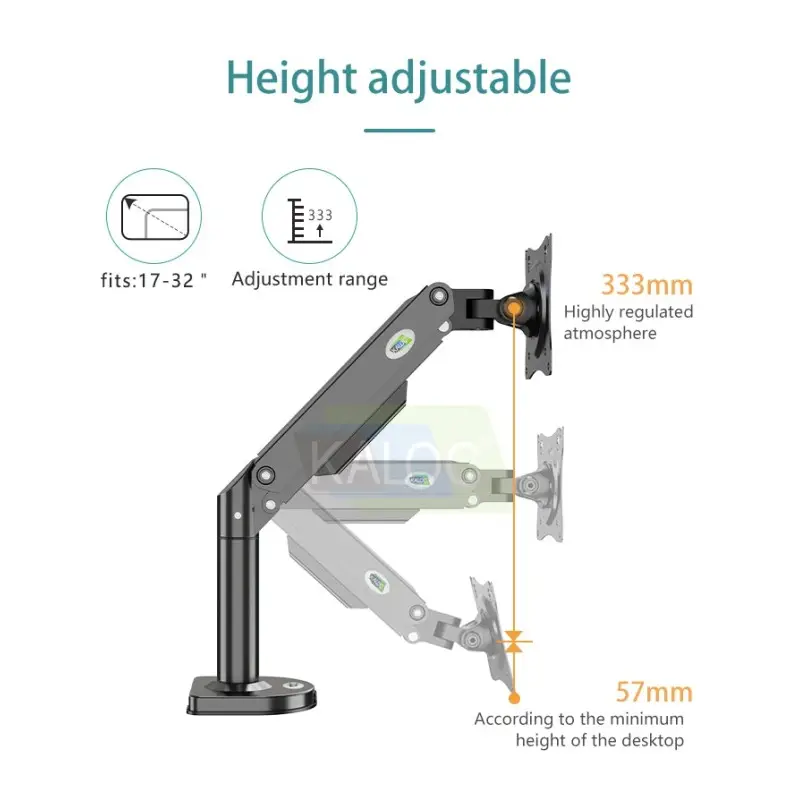 KALOC DS300B Adjustable Single Monitor Arm with Internal Gas Spring technology for Easy Adjustment, for Screens 17 to 32 Inches