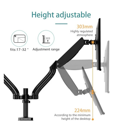 KALOC DS90-2 Adjustable Dual Monitor Arm with Internal Gas Spring technology for Easy Adjustment, for Screens 17 to 32 Inches