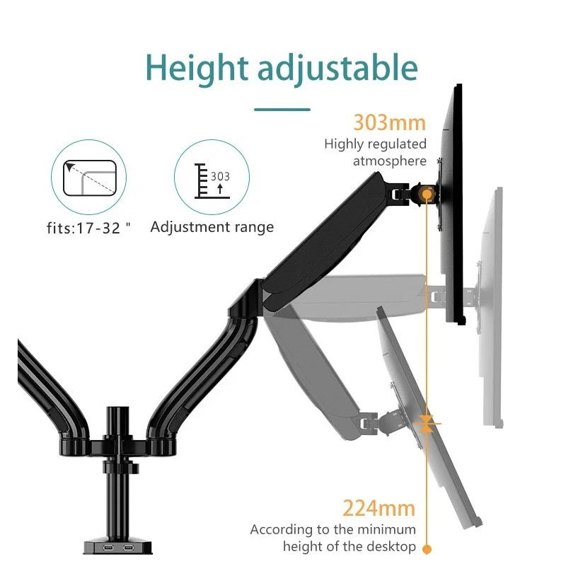 KALOC DS90-2 Adjustable Dual Monitor Arm with Internal Gas Spring technology for Easy Adjustment, for Screens 17 to 32 Inches