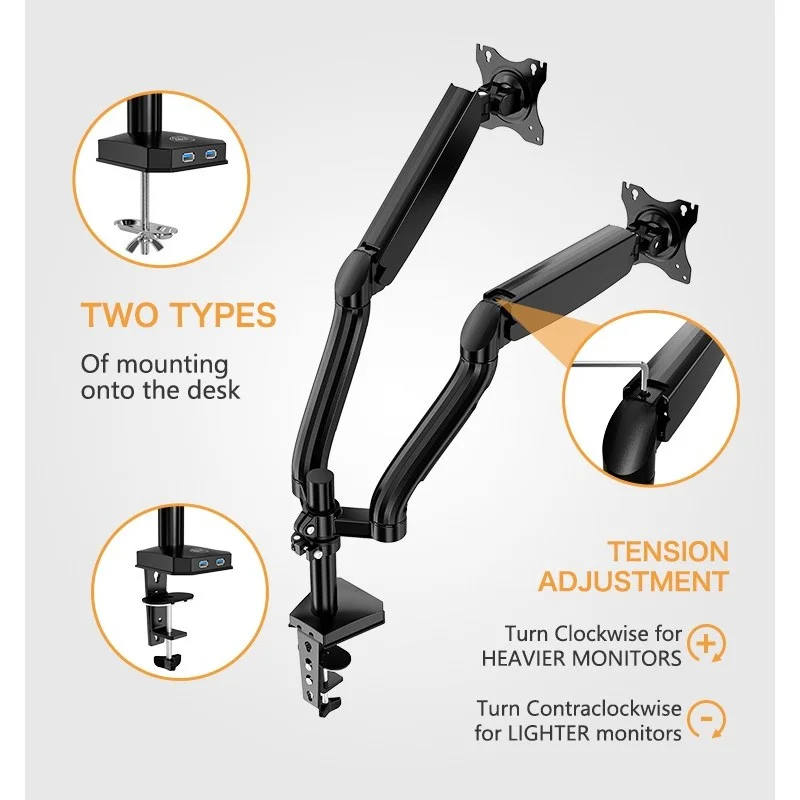 KALOC DS90-2 Adjustable Dual Monitor Arm with Internal Gas Spring technology for Easy Adjustment, for Screens 17 to 32 Inches