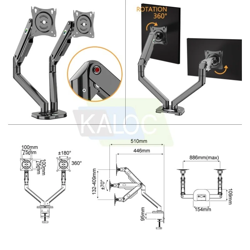 Kaloc DS2002B Adjustable Dual Monitor Arm with Internal Gas Spring technology for Easy Adjustment, for Screens 17 to 32 Inches