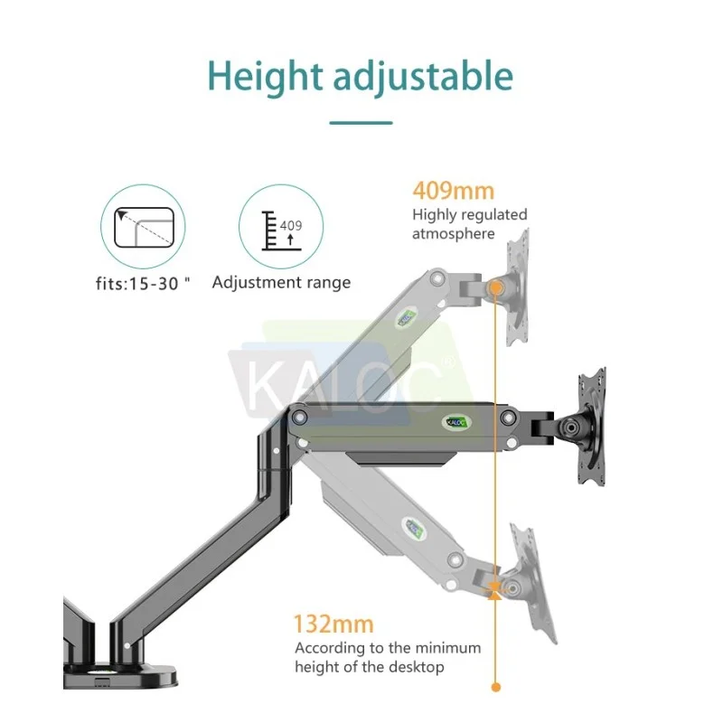 Kaloc DS2002B Adjustable Dual Monitor Arm with Internal Gas Spring technology for Easy Adjustment, for Screens 17 to 32 Inches