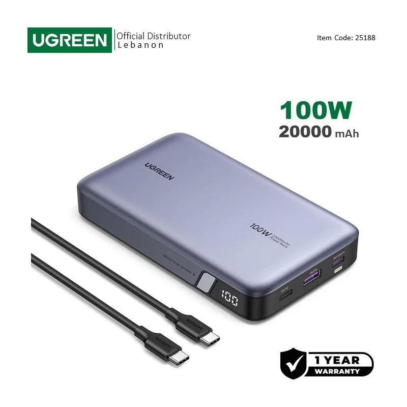 UGREEN Power Bank 100W, 3 Ports, 20000 mAh, for Laptops, MacBooks, Smartphones, Tablets, ipads
