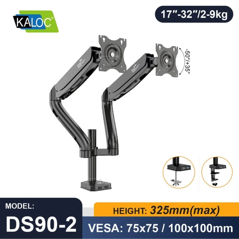 KALOC DS90-2 Adjustable Dual Monitor Arm with Internal Gas Spring technology for Easy Adjustment, for Screens 17 to 32 Inches