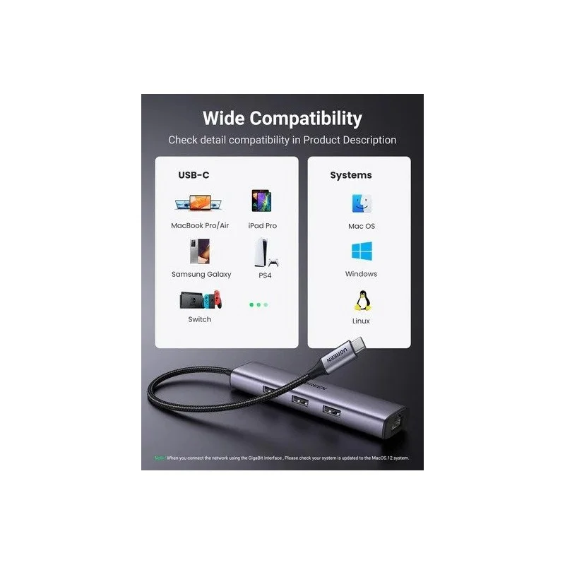 UGREEN 4 in 1 USB-C Hub to Gigabit Ethernet with 3 * USB 3.0 - CM475 60600