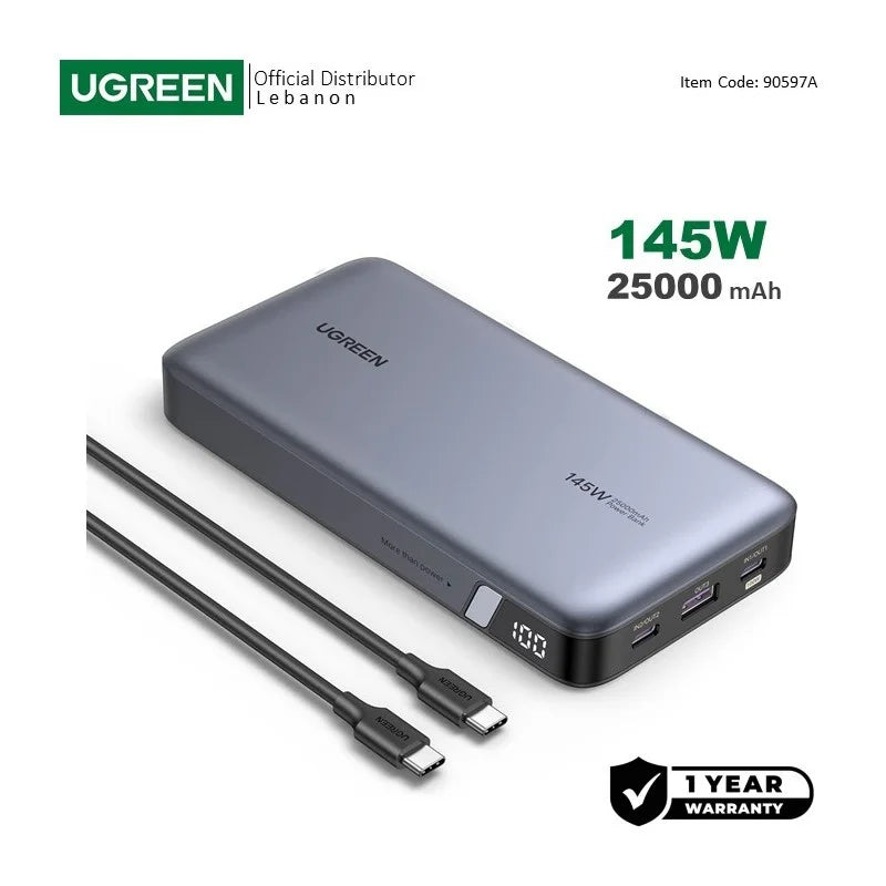 UGREEN Power Bank 145W, 3 Ports, 25000 mAh, Fast Charging for Laptops, MacBooks, Smartphones, Tablets