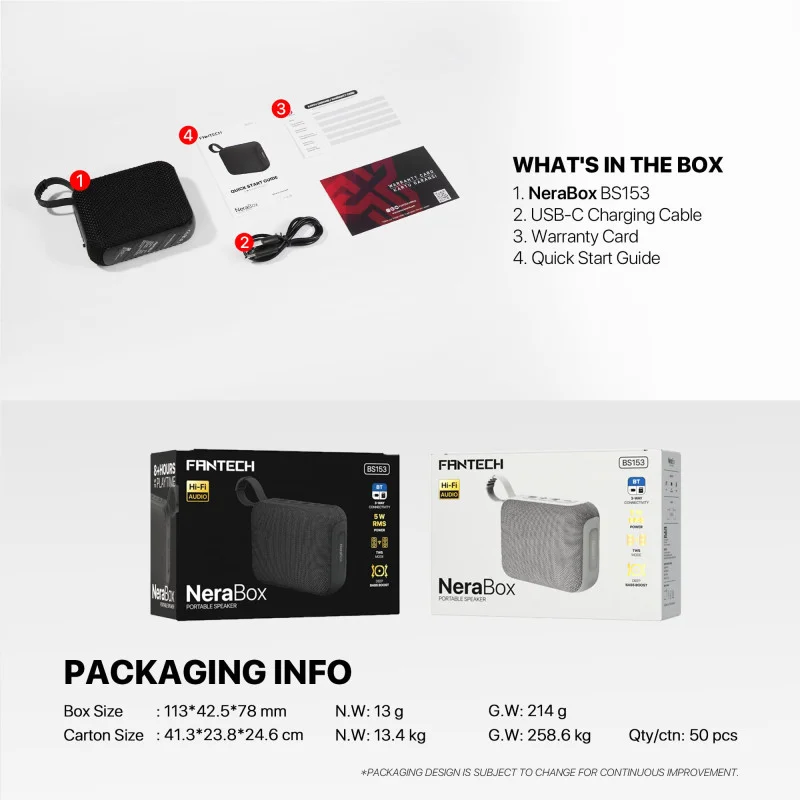 FANTECH NERABOX BS153 Wireless Speaker Bluetooth 5.4, 5W RMS, TWS Mode, USB & TF Card Support, Built-in Battery