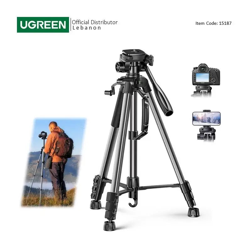 UGREEN Professional Camera Tripod Adjustable Height from 53.5 to 175cm with Mobile Phone Holder and Travel Bag