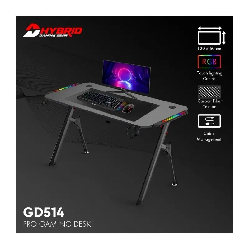 Dhybrid GD514 Premium Quality & stable design Gaming Desk with RGB LED Lighting, Carbon Fiber Texture, Cup and Headset Holder