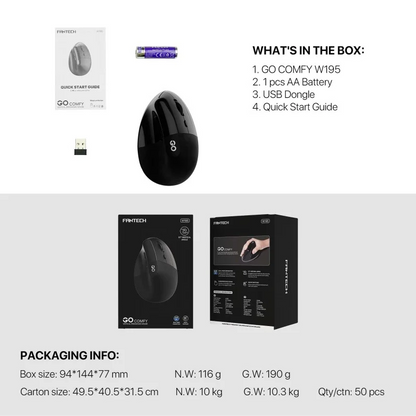 FANTECH W195 GO COMFY, Vertical Mouse, Dual Mode Bluetooth & Wireless, Silent Click