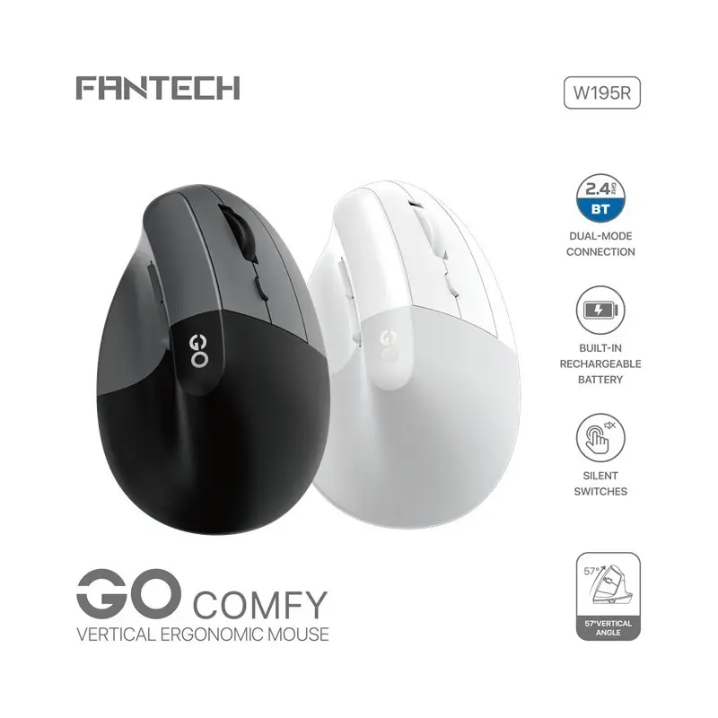 FANTECH W195R GO COMFY, Vertical Mouse, Dual Mode Bluetooth & Wireless, Silent Click, Rechargeable Battery