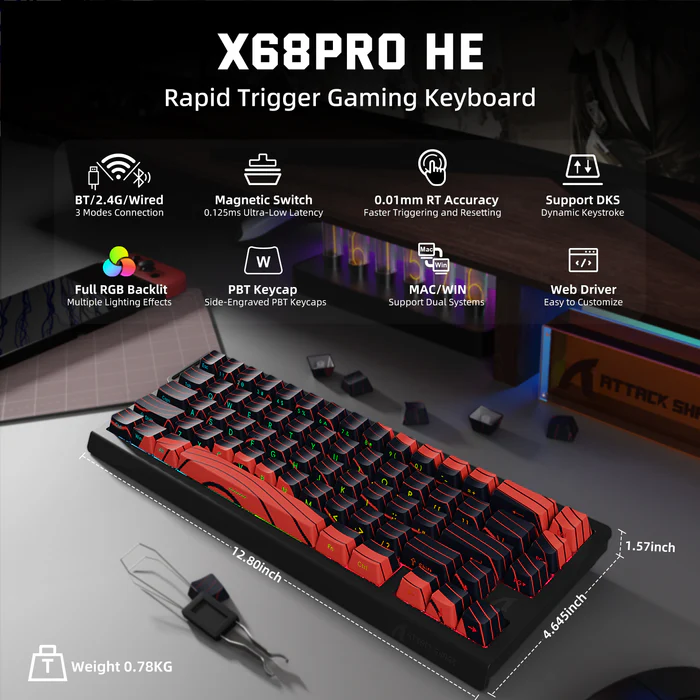 ATTACK SHARK X68PRO HE Wireless Rapid Trigger Keyboard Magnetic Switch