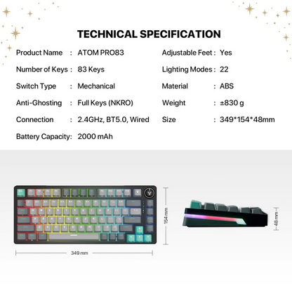 Fantech STELLAR Edition MK913 - ATOM PRO83, 3 Modes: Bluetooth, Wireless & Wired, Built-in Battery, Mechanical Gaming Keyboard