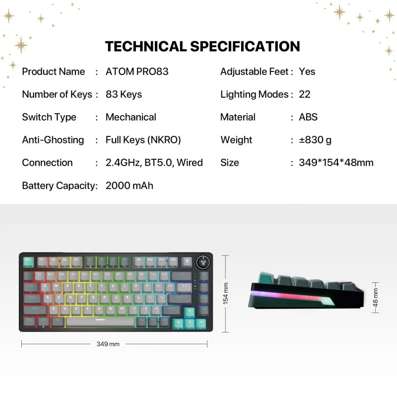 Fantech STELLAR Edition MK913 - ATOM PRO83, 3 Modes: Bluetooth, Wireless & Wired, Built-in Battery, Mechanical Gaming Keyboard