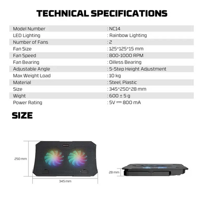 Fantech NC14 Notebook Cooler, efficient cooling performance, height adjustable with phone holder