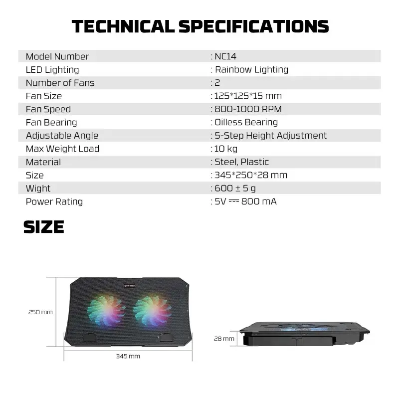 Fantech NC14 Notebook Cooler, efficient cooling performance, height adjustable with phone holder