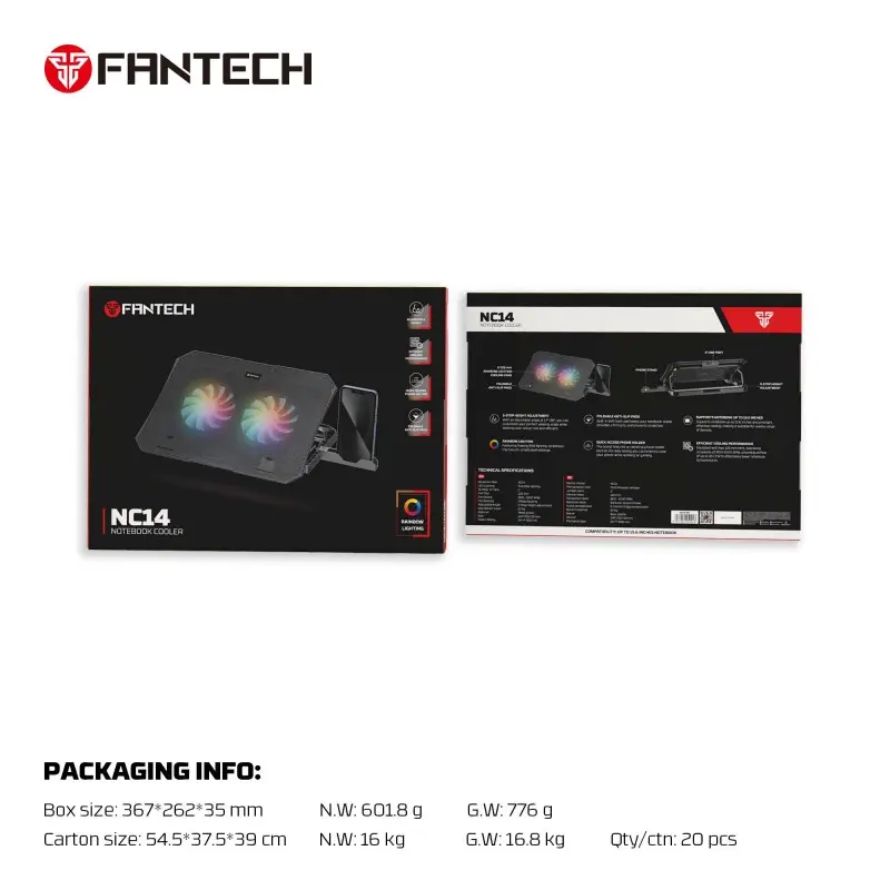 Fantech NC14 Notebook Cooler, efficient cooling performance, height adjustable with phone holder