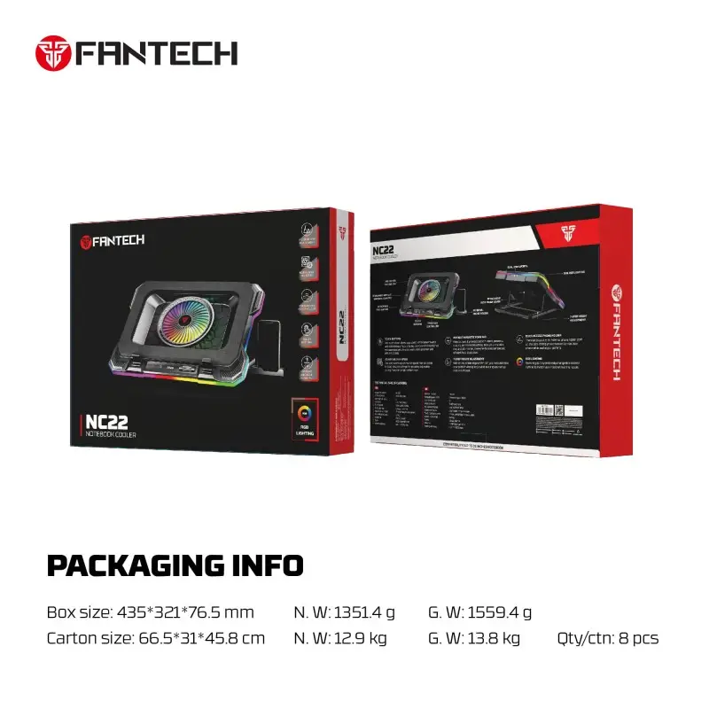 FANTECH NC22 Premium Laptop Cooling Pad – Powerful Extra-Large Fan for Superior Cooling Performance, Adjustable Height with Phone Holder, and Vibrant RGB Lighting