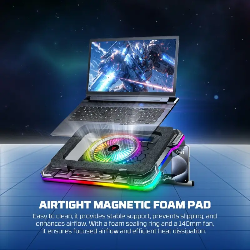 FANTECH NC22 Premium Laptop Cooling Pad – Powerful Extra-Large Fan for Superior Cooling Performance, Adjustable Height with Phone Holder, and Vibrant RGB Lighting