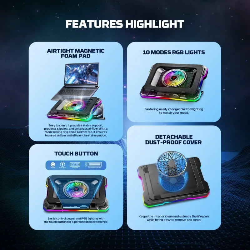 FANTECH NC22 Premium Laptop Cooling Pad – Powerful Extra-Large Fan for Superior Cooling Performance, Adjustable Height with Phone Holder, and Vibrant RGB Lighting