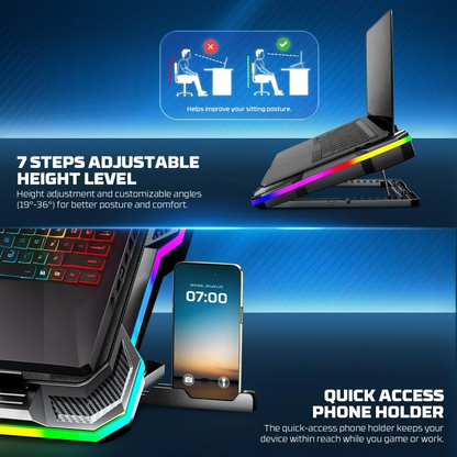 FANTECH NC22 Premium Laptop Cooling Pad – Powerful Extra-Large Fan for Superior Cooling Performance, Adjustable Height with Phone Holder, and Vibrant RGB Lighting