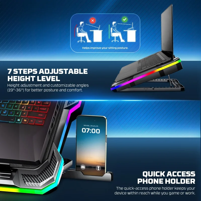 FANTECH NC22 Premium Laptop Cooling Pad – Powerful Extra-Large Fan for Superior Cooling Performance, Adjustable Height with Phone Holder, and Vibrant RGB Lighting