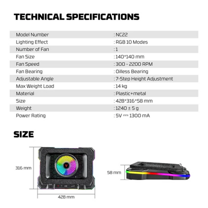 FANTECH NC22 Premium Laptop Cooling Pad – Powerful Extra-Large Fan for Superior Cooling Performance, Adjustable Height with Phone Holder, and Vibrant RGB Lighting