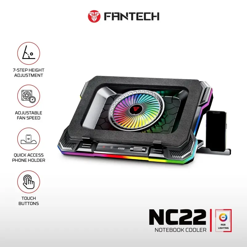 FANTECH NC22 Premium Laptop Cooling Pad – Powerful Extra-Large Fan for Superior Cooling Performance, Adjustable Height with Phone Holder, and Vibrant RGB Lighting