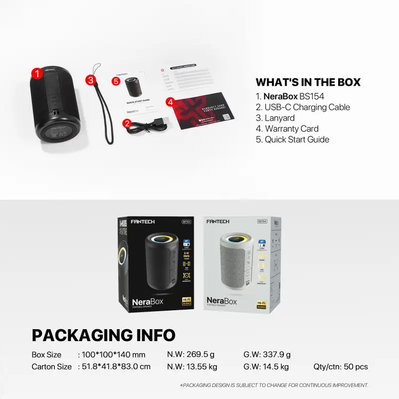 FANTECH NERABOX BS154 Wireless Speaker Bluetooth 5.4, 5W RMS, TWS Mode, AUX & TF Support, Built-in Battery